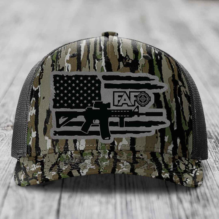 American Flag with AR15 FAFO - Leather Patch Hat - Grey to Black Patch - Richardson 112PFP Snapback Trucker Hat