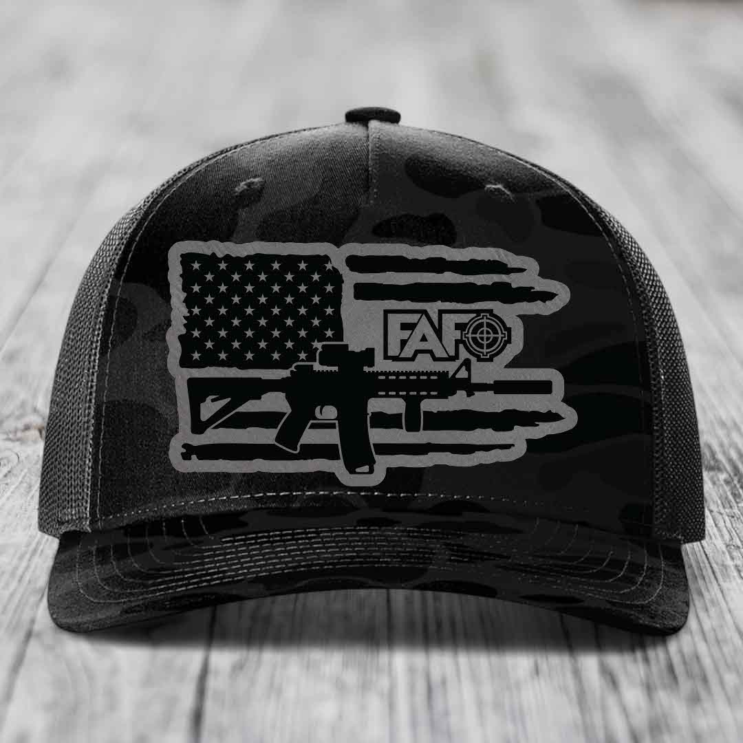 American Flag with AR15 FAFO - Leather Patch Hat - Grey to Black Patch - Richardson 112PFP Snapback Trucker Hat