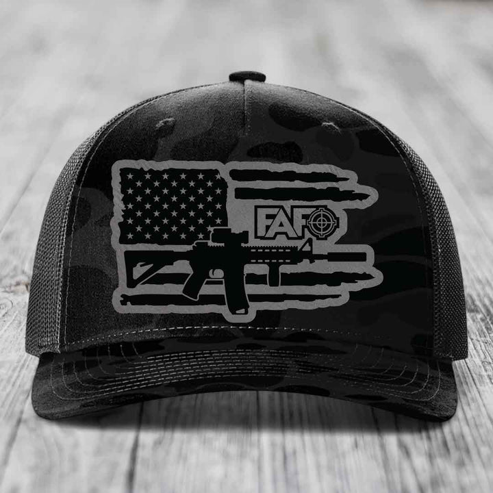 American Flag with AR15 FAFO - Leather Patch Hat - Grey to Black Patch - Richardson 112PFP Snapback Trucker Hat