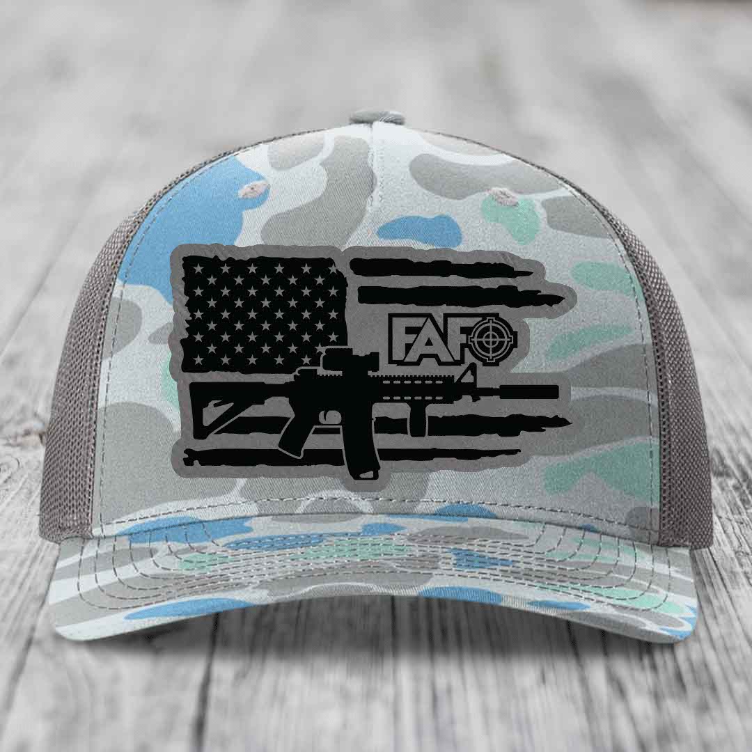 American Flag with AR15 FAFO - Leather Patch Hat - Grey to Black Patch - Richardson 112PFP Snapback Trucker Hat