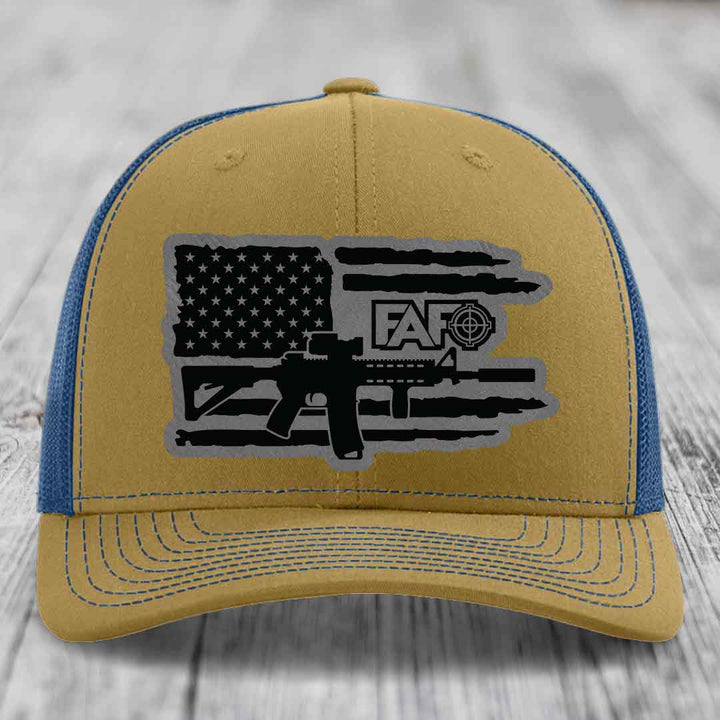 American Flag with AR15 FAFO - Leather Patch Hat - Grey to Black Patch - Richardson 112 Snapback Trucker Hat
