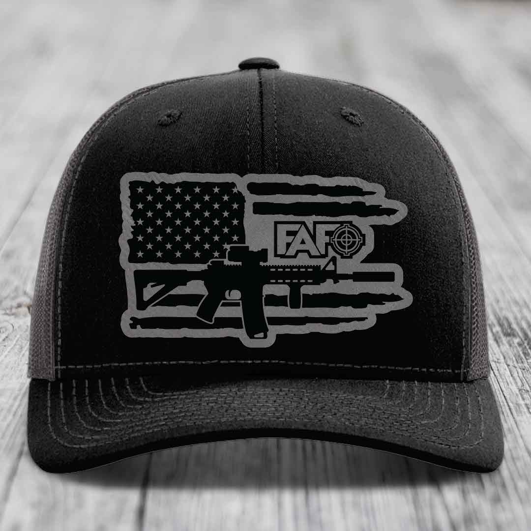 American Flag with AR15 FAFO - Leather Patch Hat - Grey to Black Patch - Richardson 112 Snapback Trucker Hat