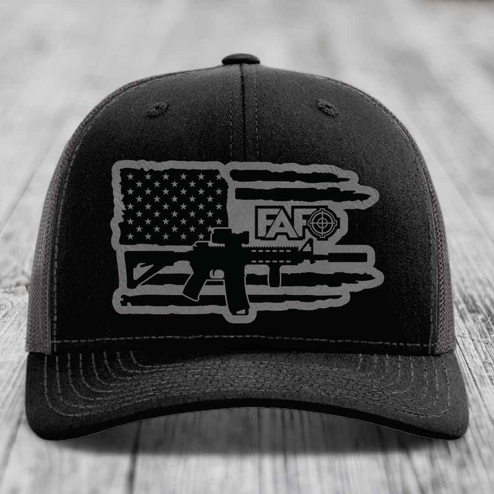 American Flag with AR15 FAFO - Leather Patch Hat - Grey to Black Patch - Richardson 112 Snapback Trucker Hat