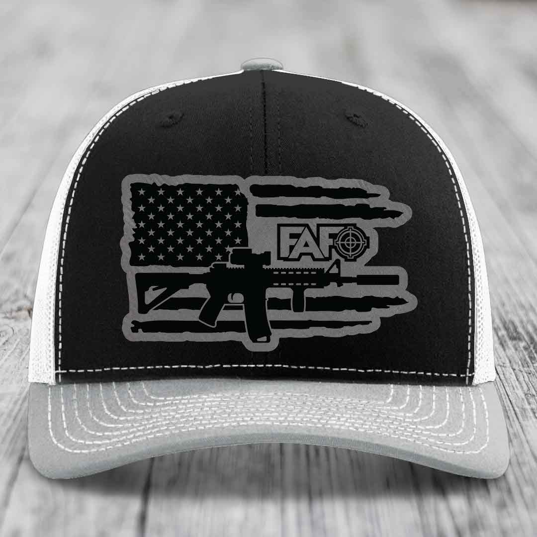American Flag with AR15 FAFO - Leather Patch Hat - Grey to Black Patch - Richardson 112 Snapback Trucker Hat