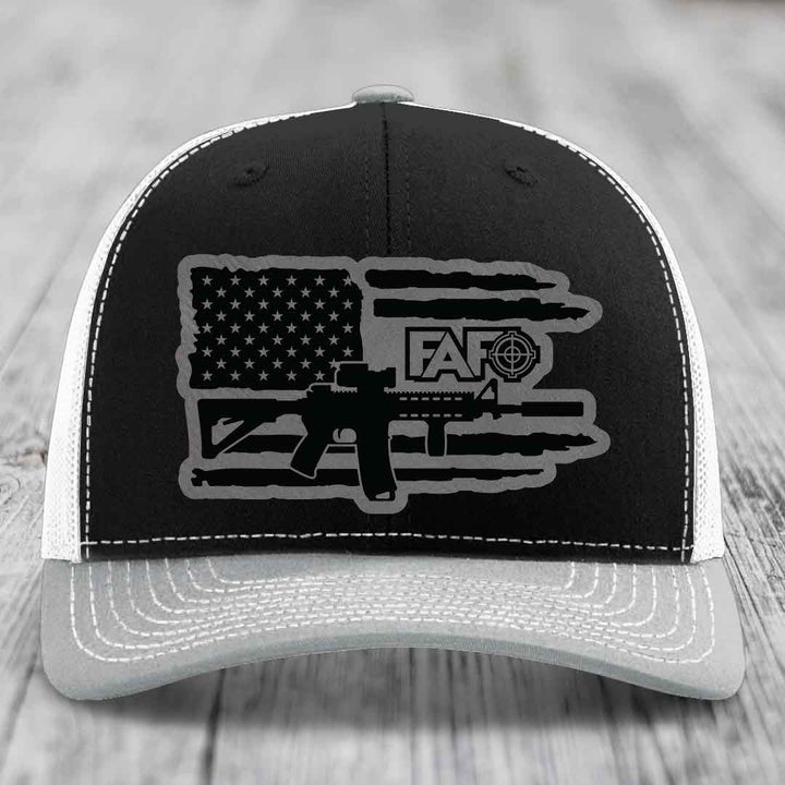 American Flag with AR15 FAFO - Leather Patch Hat - Grey to Black Patch - Richardson 112 Snapback Trucker Hat