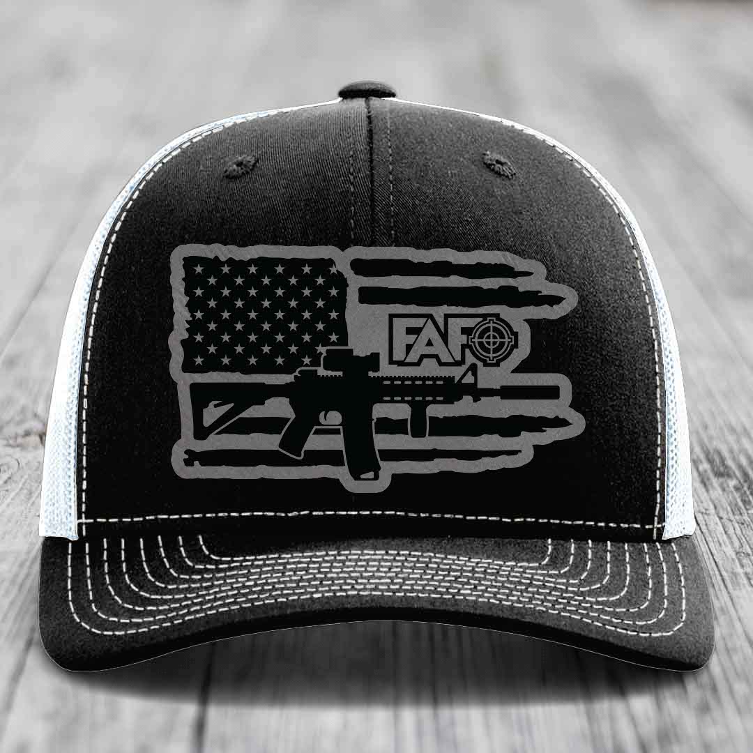 American Flag with AR15 FAFO - Leather Patch Hat - Grey to Black Patch - Richardson 112 Snapback Trucker Hat