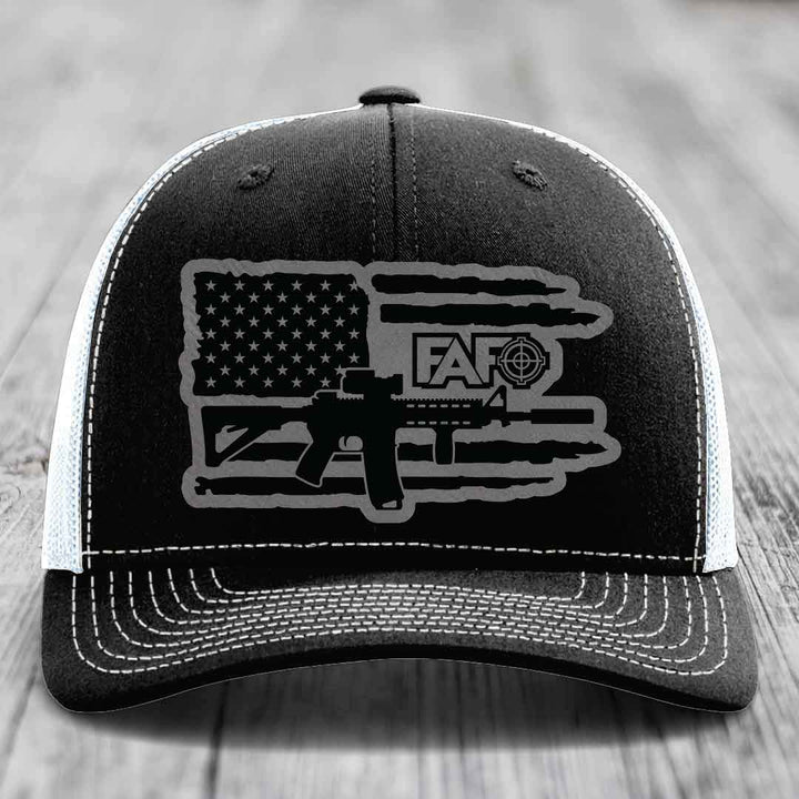 American Flag with AR15 FAFO - Leather Patch Hat - Grey to Black Patch - Richardson 112 Snapback Trucker Hat