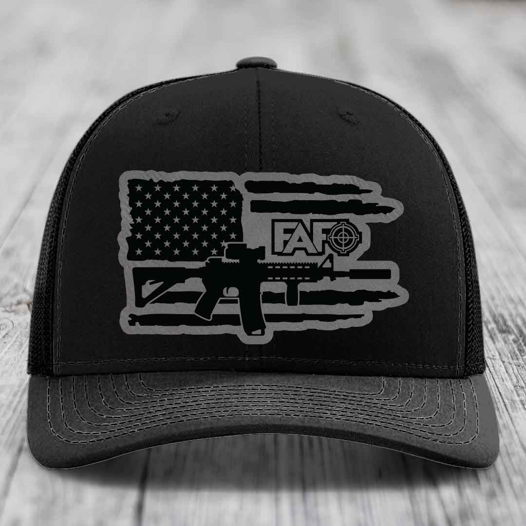 American Flag with AR15 FAFO - Leather Patch Hat - Grey to Black Patch - Richardson 112 Snapback Trucker Hat