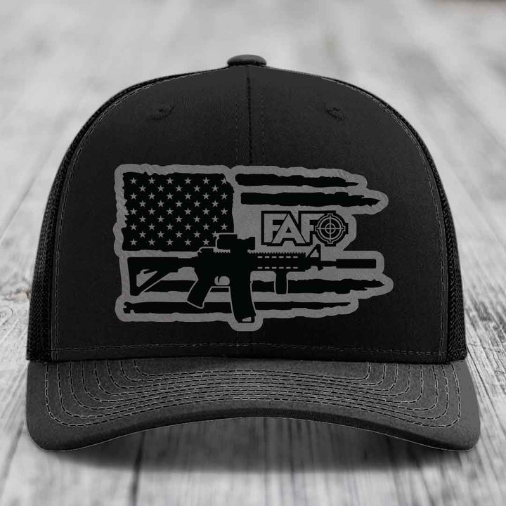 American Flag with AR15 FAFO - Leather Patch Hat - Grey to Black Patch - Richardson 112 Snapback Trucker Hat