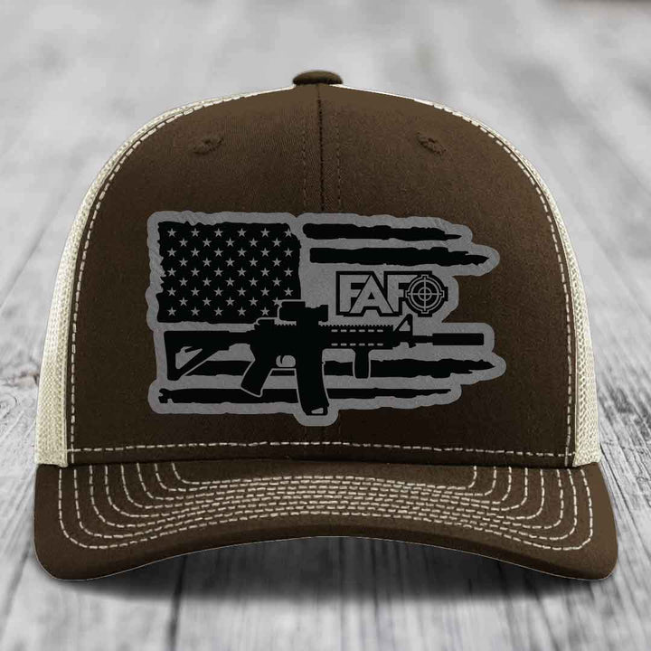 American Flag with AR15 FAFO - Leather Patch Hat - Grey to Black Patch - Richardson 112 Snapback Trucker Hat