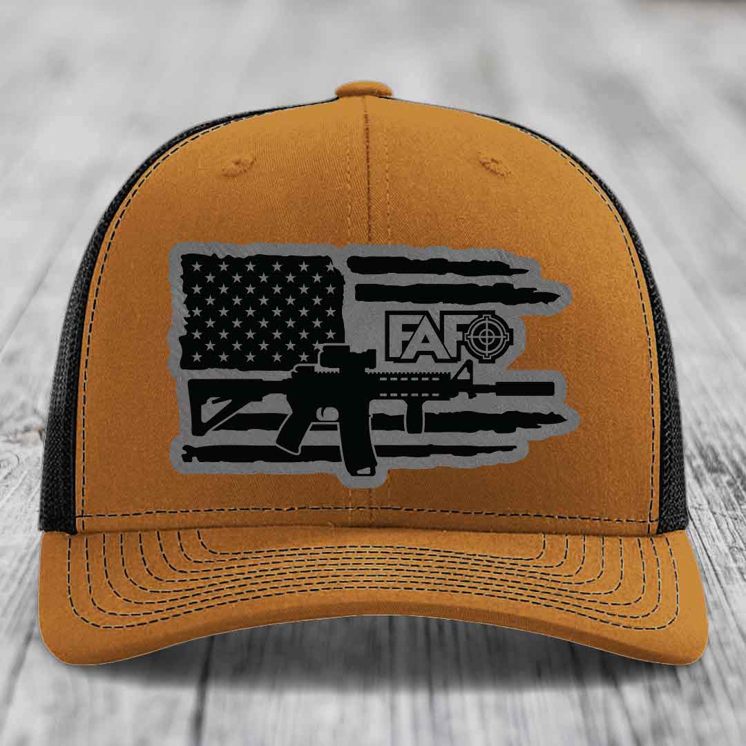 American Flag with AR15 FAFO - Leather Patch Hat - Grey to Black Patch - Richardson 112 Snapback Trucker Hat