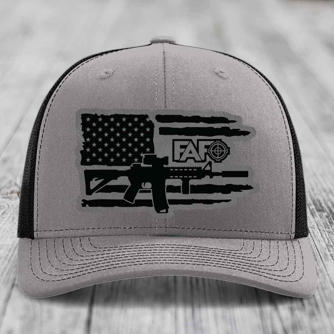 American Flag with AR15 FAFO - Leather Patch Hat - Grey to Black Patch - Richardson 112 Snapback Trucker Hat