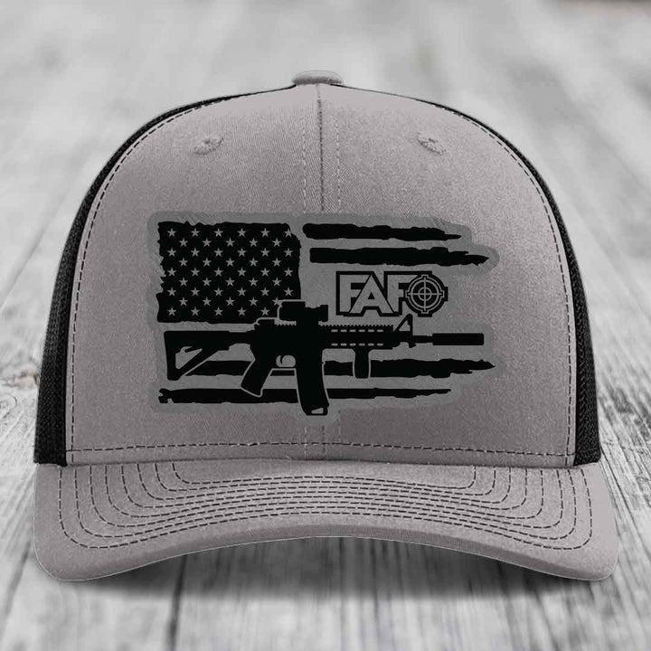American Flag with AR15 FAFO - Leather Patch Hat - Grey to Black Patch - Richardson 112 Snapback Trucker Hat