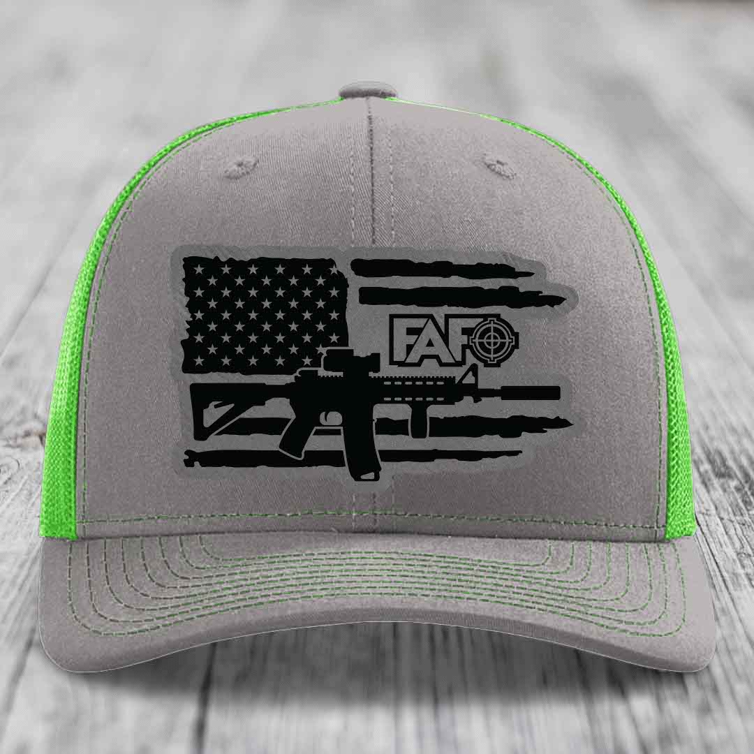 American Flag with AR15 FAFO - Leather Patch Hat - Grey to Black Patch - Richardson 112 Snapback Trucker Hat