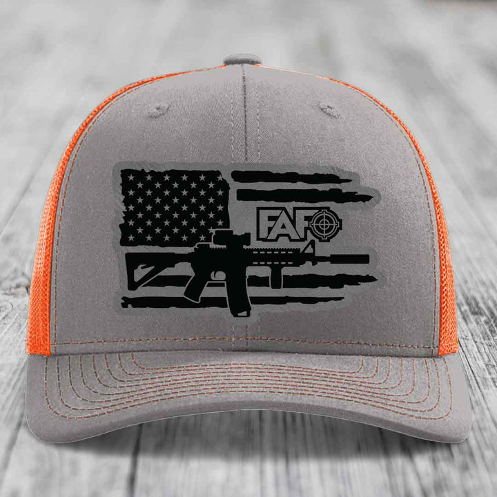 American Flag with AR15 FAFO - Leather Patch Hat - Grey to Black Patch - Richardson 112 Snapback Trucker Hat