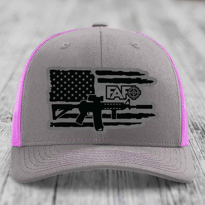 American Flag with AR15 FAFO - Leather Patch Hat - Grey to Black Patch - Richardson 112 Snapback Trucker Hat