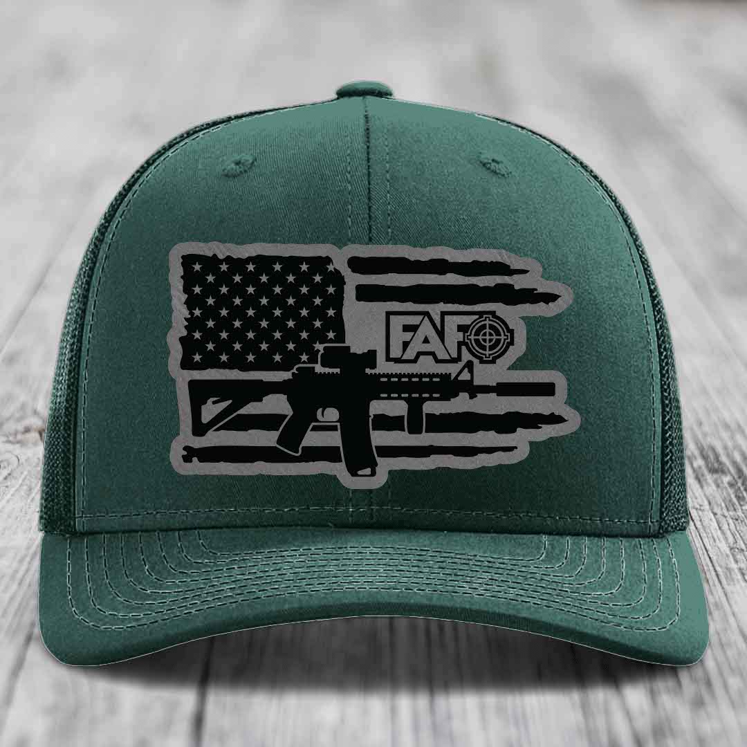 American Flag with AR15 FAFO - Leather Patch Hat - Grey to Black Patch - Richardson 112 Snapback Trucker Hat
