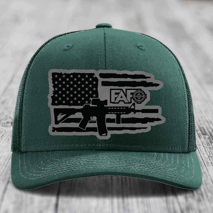 American Flag with AR15 FAFO - Leather Patch Hat - Grey to Black Patch - Richardson 112 Snapback Trucker Hat