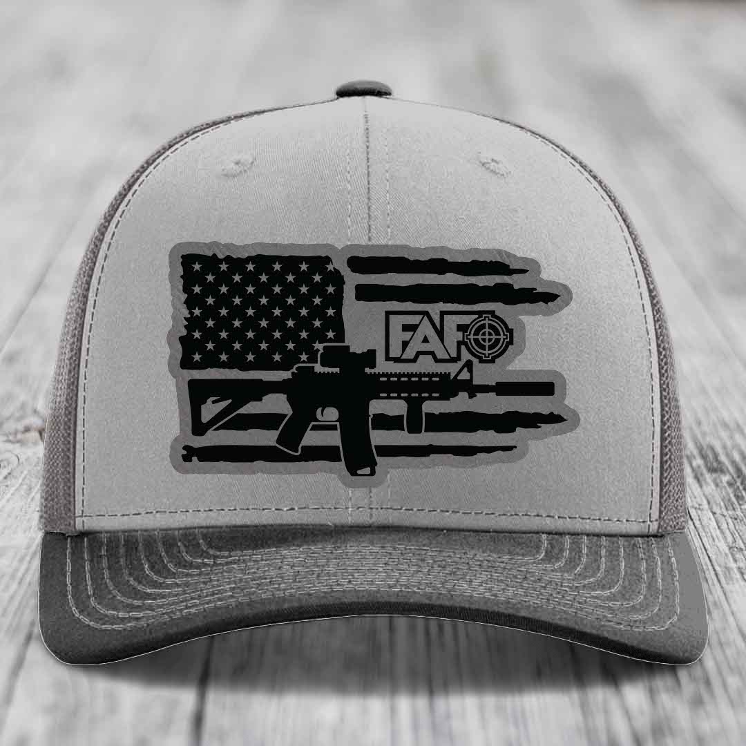 American Flag with AR15 FAFO - Leather Patch Hat - Grey to Black Patch - Richardson 112 Snapback Trucker Hat