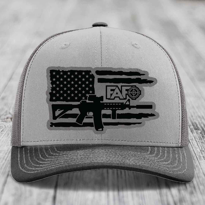 American Flag with AR15 FAFO - Leather Patch Hat - Grey to Black Patch - Richardson 112 Snapback Trucker Hat