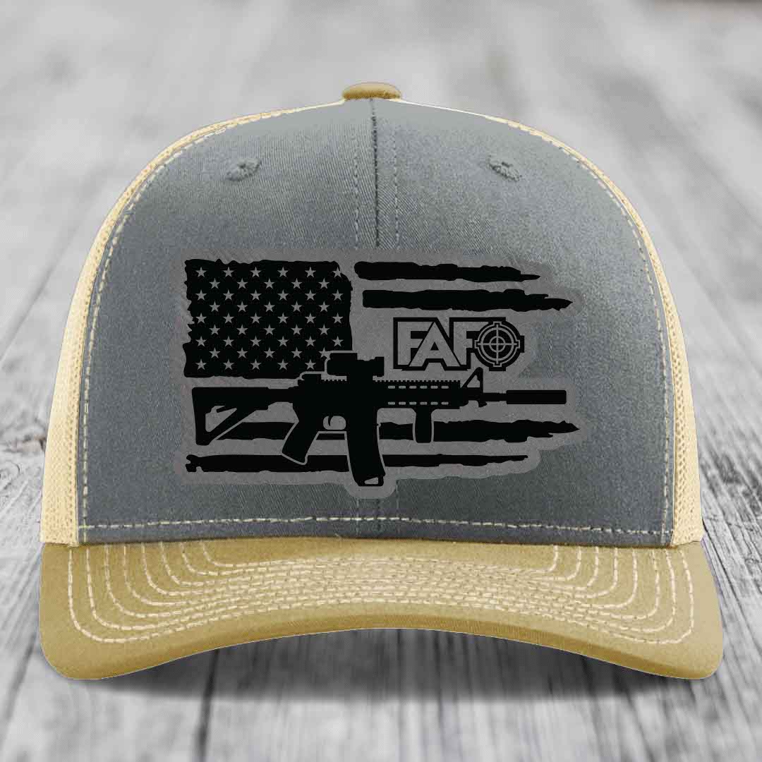 American Flag with AR15 FAFO - Leather Patch Hat - Grey to Black Patch - Richardson 112 Snapback Trucker Hat