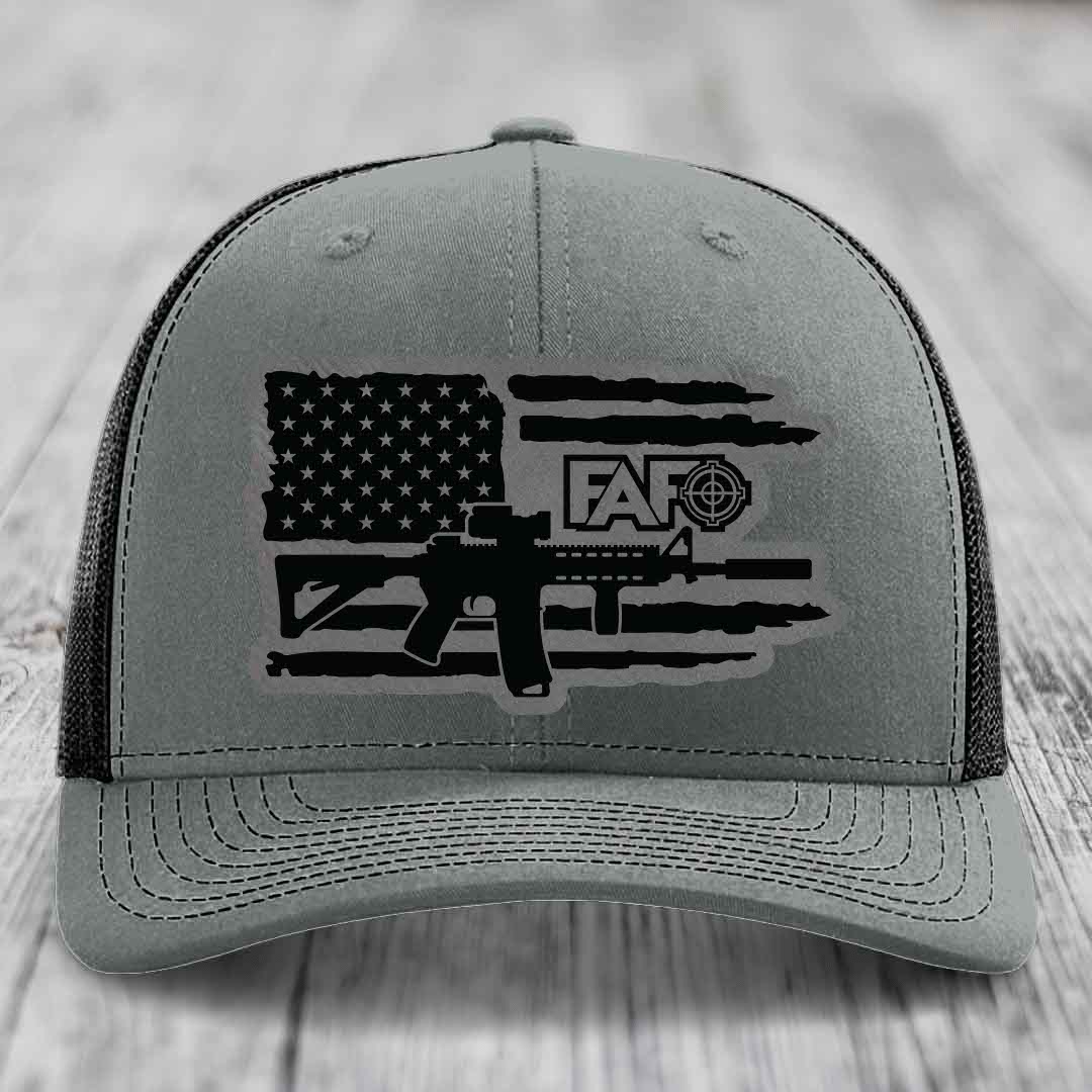 American Flag with AR15 FAFO - Leather Patch Hat - Grey to Black Patch - Richardson 112 Snapback Trucker Hat