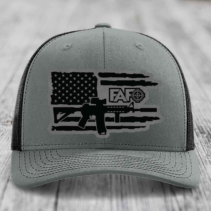 American Flag with AR15 FAFO - Leather Patch Hat - Grey to Black Patch - Richardson 112 Snapback Trucker Hat