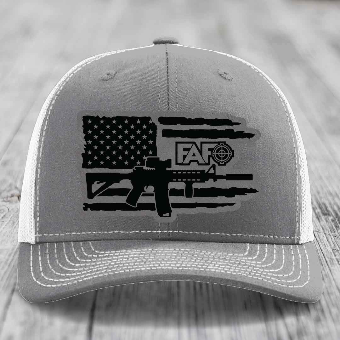 American Flag with AR15 FAFO - Leather Patch Hat - Grey to Black Patch - Richardson 112 Snapback Trucker Hat
