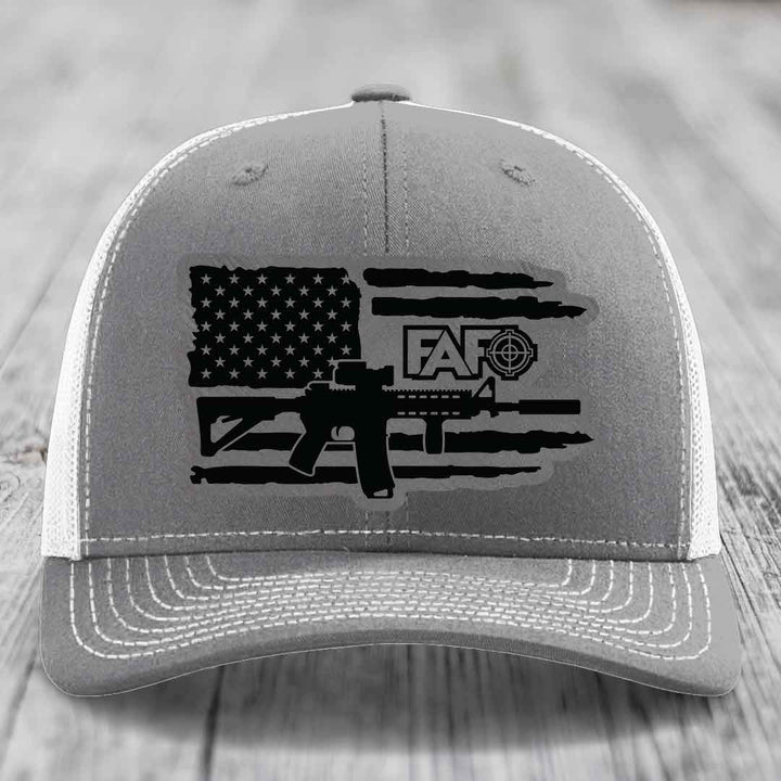 American Flag with AR15 FAFO - Leather Patch Hat - Grey to Black Patch - Richardson 112 Snapback Trucker Hat