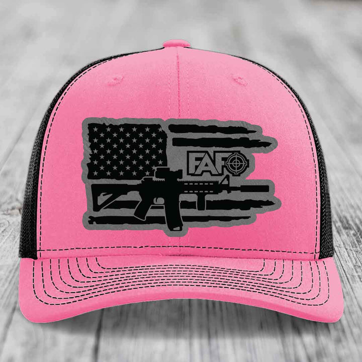 American Flag with AR15 FAFO - Leather Patch Hat - Grey to Black Patch - Richardson 112 Snapback Trucker Hat
