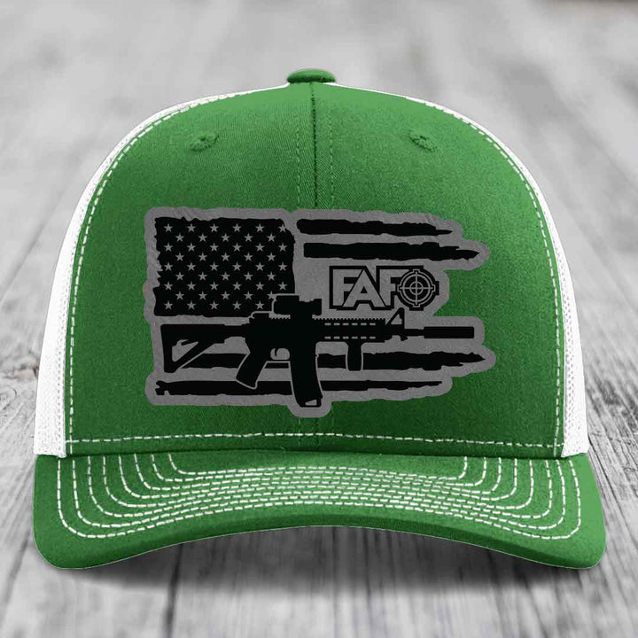 American Flag with AR15 FAFO - Leather Patch Hat - Grey to Black Patch - Richardson 112 Snapback Trucker Hat