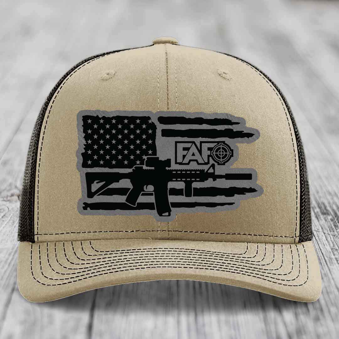 American Flag with AR15 FAFO - Leather Patch Hat - Grey to Black Patch - Richardson 112 Snapback Trucker Hat
