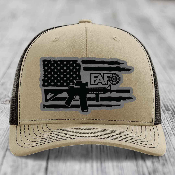American Flag with AR15 FAFO - Leather Patch Hat - Grey to Black Patch - Richardson 112 Snapback Trucker Hat