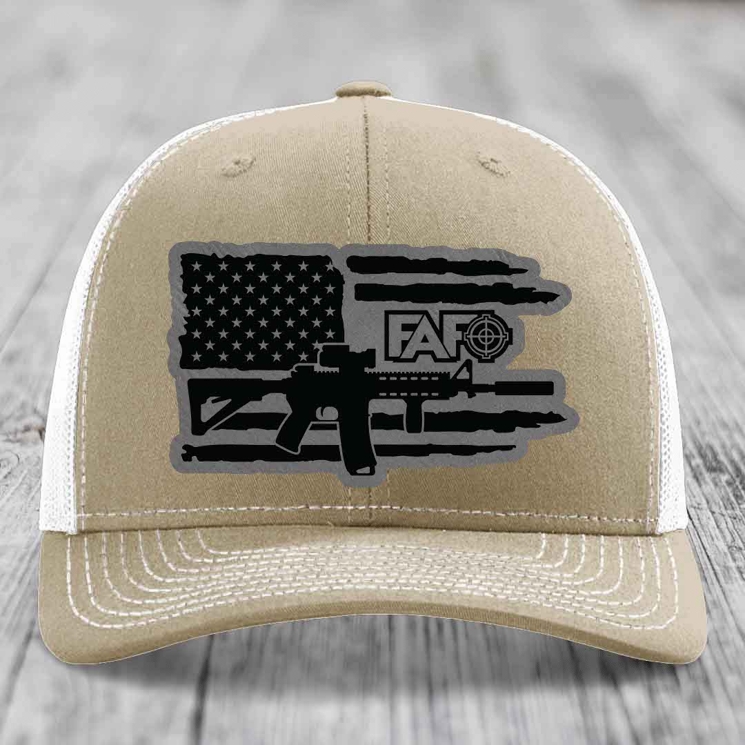 American Flag with AR15 FAFO - Leather Patch Hat - Grey to Black Patch - Richardson 112 Snapback Trucker Hat