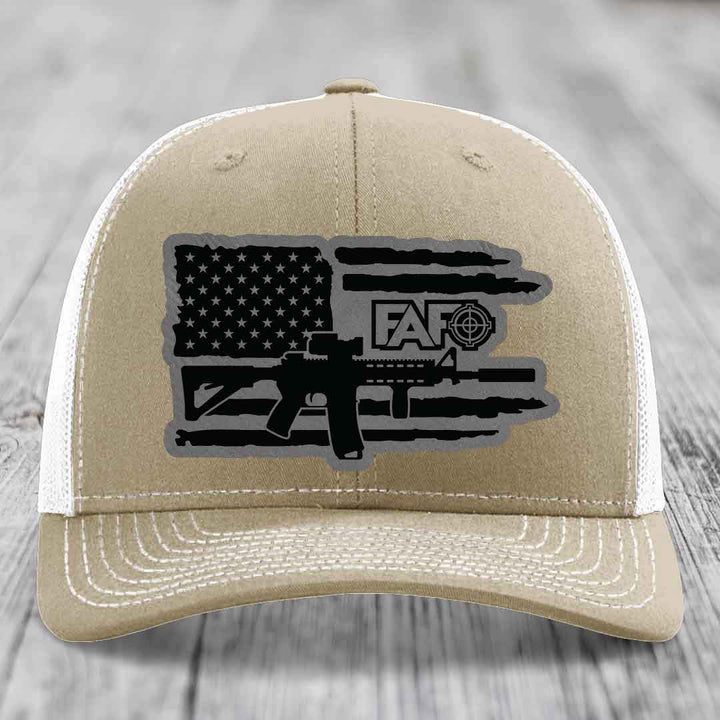 American Flag with AR15 FAFO - Leather Patch Hat - Grey to Black Patch - Richardson 112 Snapback Trucker Hat