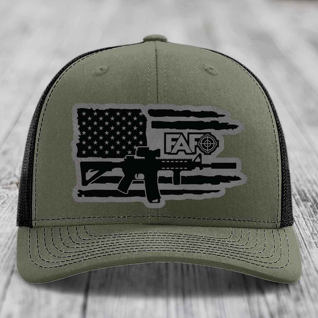 American Flag with AR15 FAFO - Leather Patch Hat - Grey to Black Patch - Richardson 112 Snapback Trucker Hat