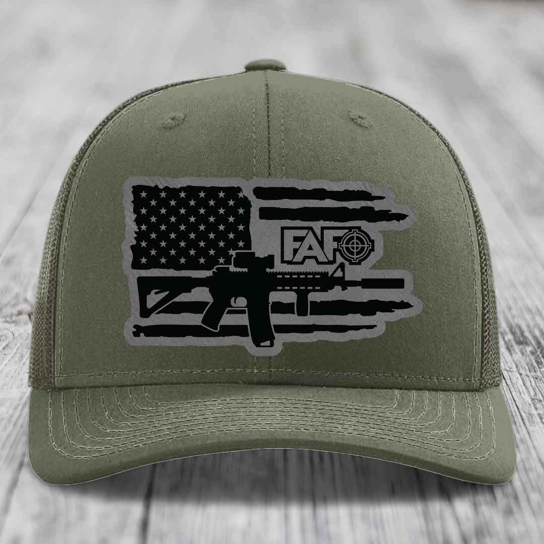 American Flag with AR15 FAFO - Leather Patch Hat - Grey to Black Patch - Richardson 112 Snapback Trucker Hat