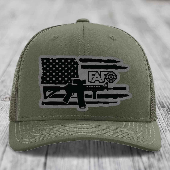 American Flag with AR15 FAFO - Leather Patch Hat - Grey to Black Patch - Richardson 112 Snapback Trucker Hat