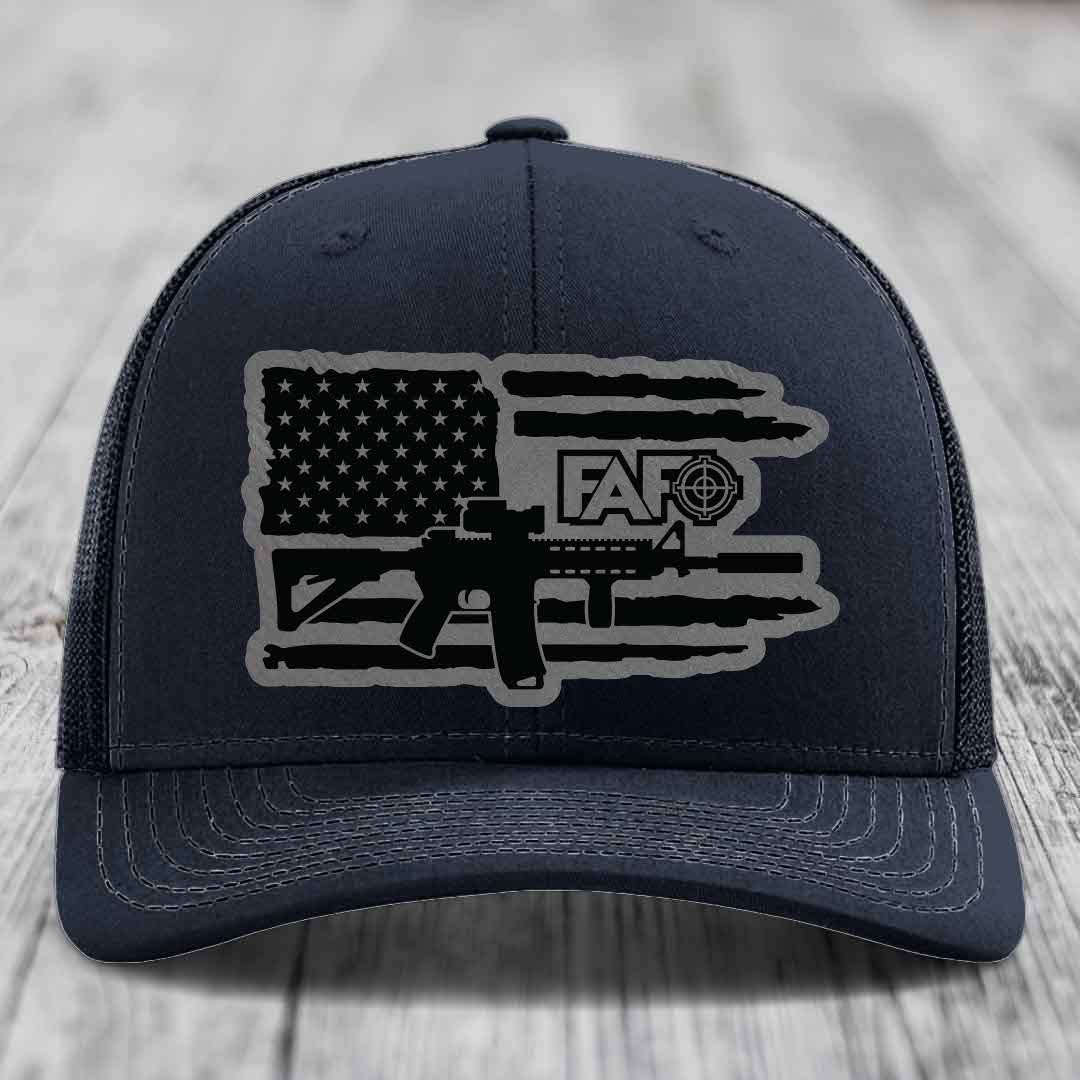 American Flag with AR15 FAFO - Leather Patch Hat - Grey to Black Patch - Richardson 112 Snapback Trucker Hat