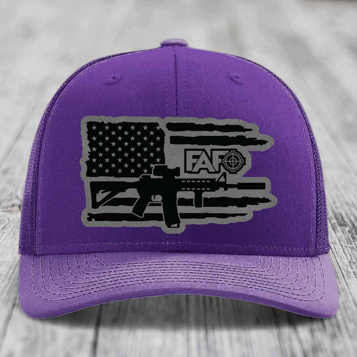 American Flag with AR15 FAFO - Leather Patch Hat - Grey to Black Patch - Richardson 112 Snapback Trucker Hat