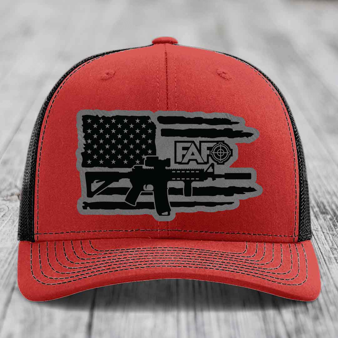 American Flag with AR15 FAFO - Leather Patch Hat - Grey to Black Patch - Richardson 112 Snapback Trucker Hat