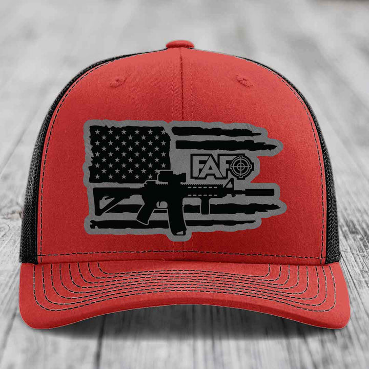 American Flag with AR15 FAFO - Leather Patch Hat - Grey to Black Patch - Richardson 112 Snapback Trucker Hat