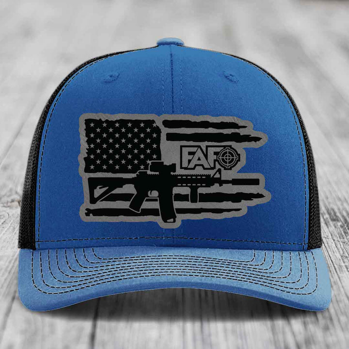 American Flag with AR15 FAFO - Leather Patch Hat - Grey to Black Patch - Richardson 112 Snapback Trucker Hat
