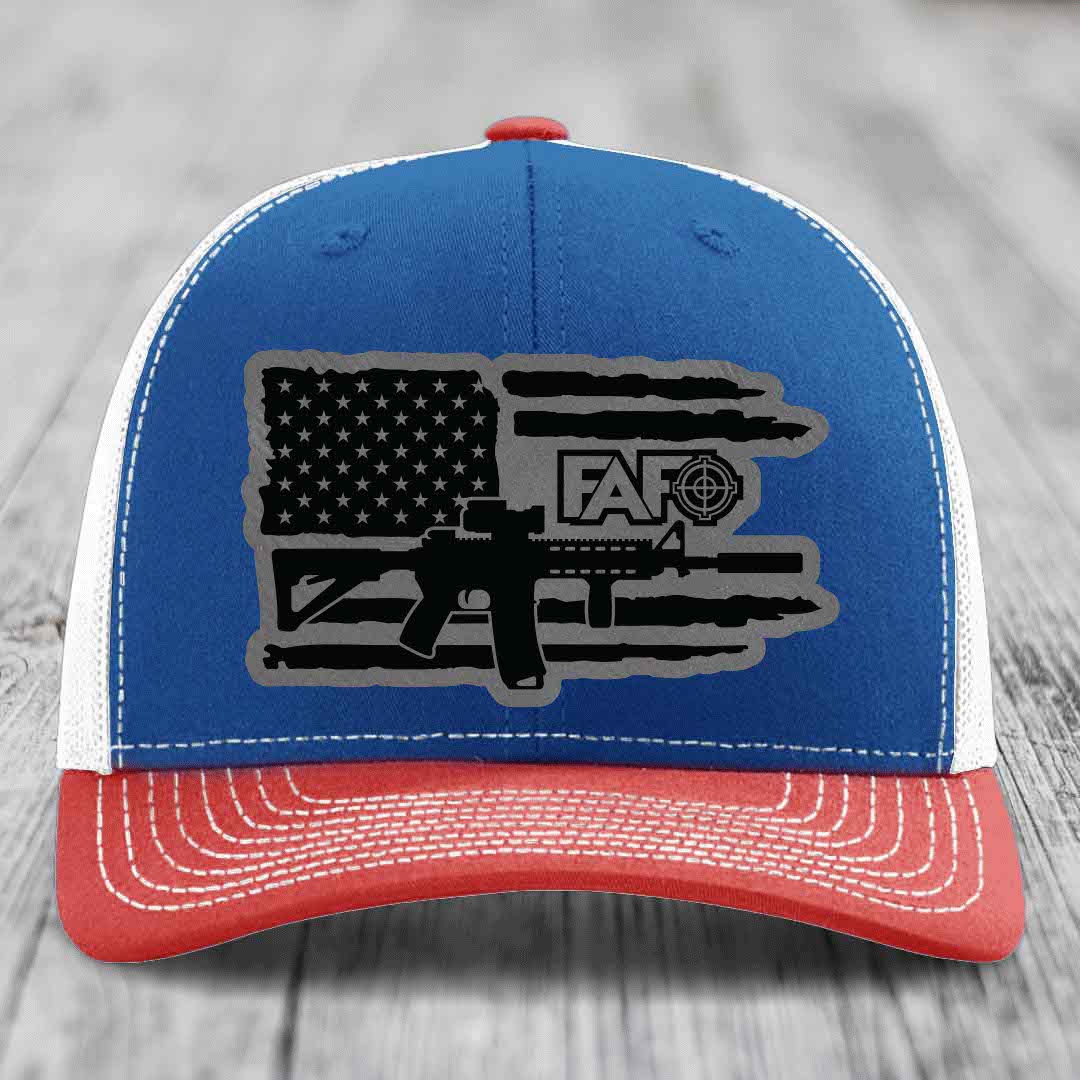 American Flag with AR15 FAFO - Leather Patch Hat - Grey to Black Patch - Richardson 112 Snapback Trucker Hat