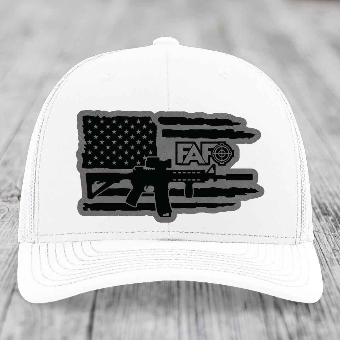 American Flag with AR15 FAFO - Leather Patch Hat - Grey to Black Patch - Richardson 112 Snapback Trucker Hat