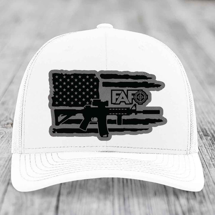 American Flag with AR15 FAFO - Leather Patch Hat - Grey to Black Patch - Richardson 112 Snapback Trucker Hat