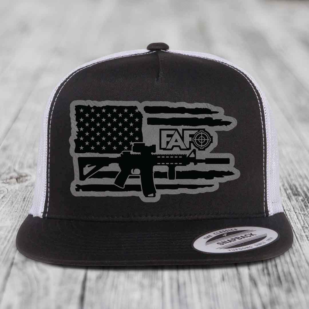 American Flag with AR15 FAFO - Leather Patch Hat - Grey to Black Patch - Yupoong 6006 Snapback Flatbill Hat