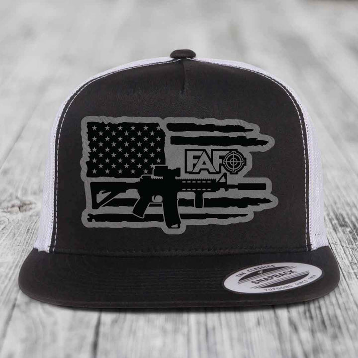 American Flag with AR15 FAFO - Leather Patch Hat - Grey to Black Patch - Yupoong 6006 Snapback Flatbill Hat
