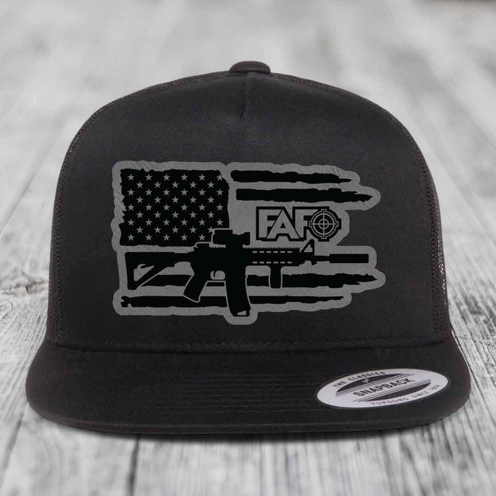American Flag with AR15 FAFO - Leather Patch Hat - Grey to Black Patch - Yupoong 6006 Snapback Flatbill Hat