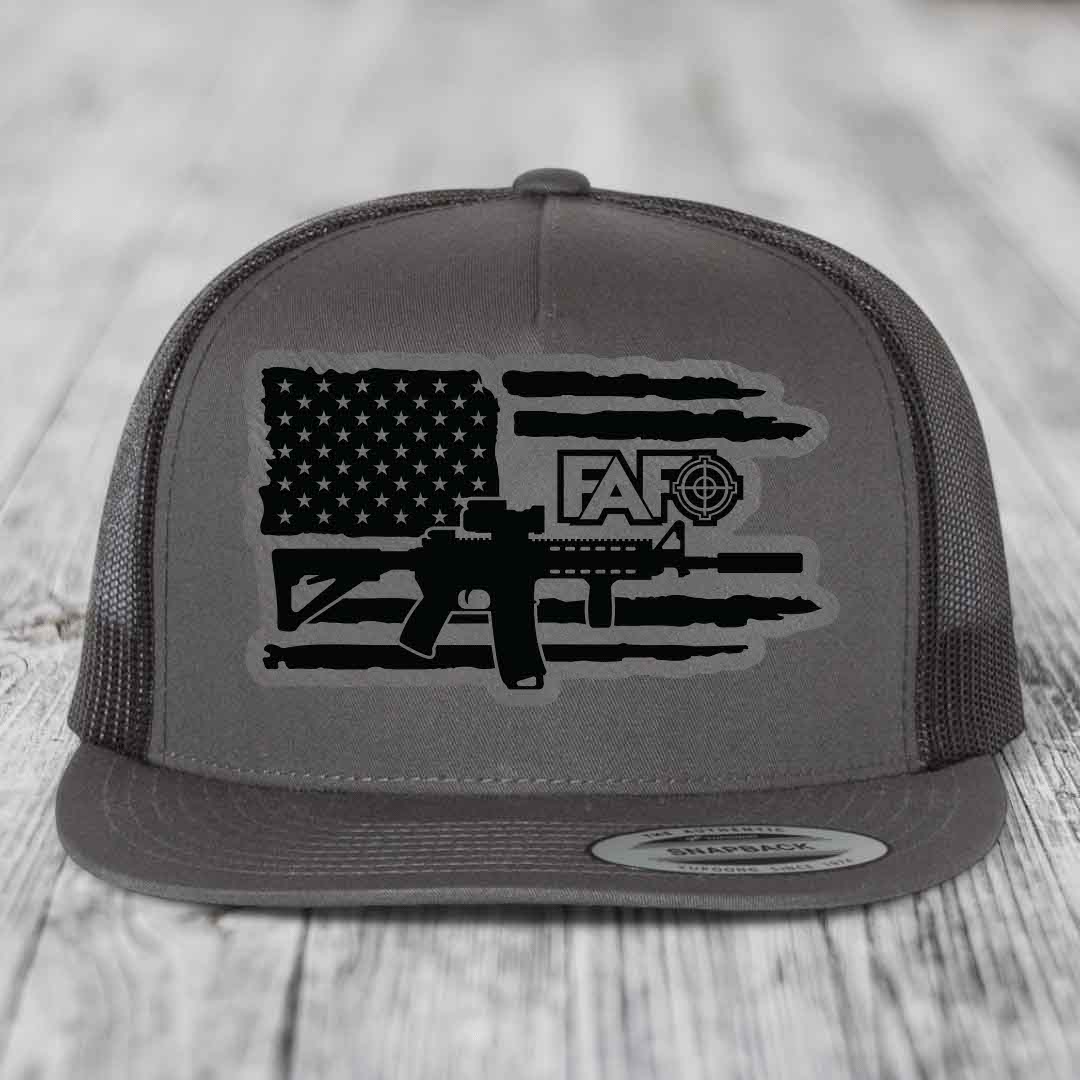 American Flag with AR15 FAFO - Leather Patch Hat - Grey to Black Patch - Yupoong 6006 Snapback Flatbill Hat